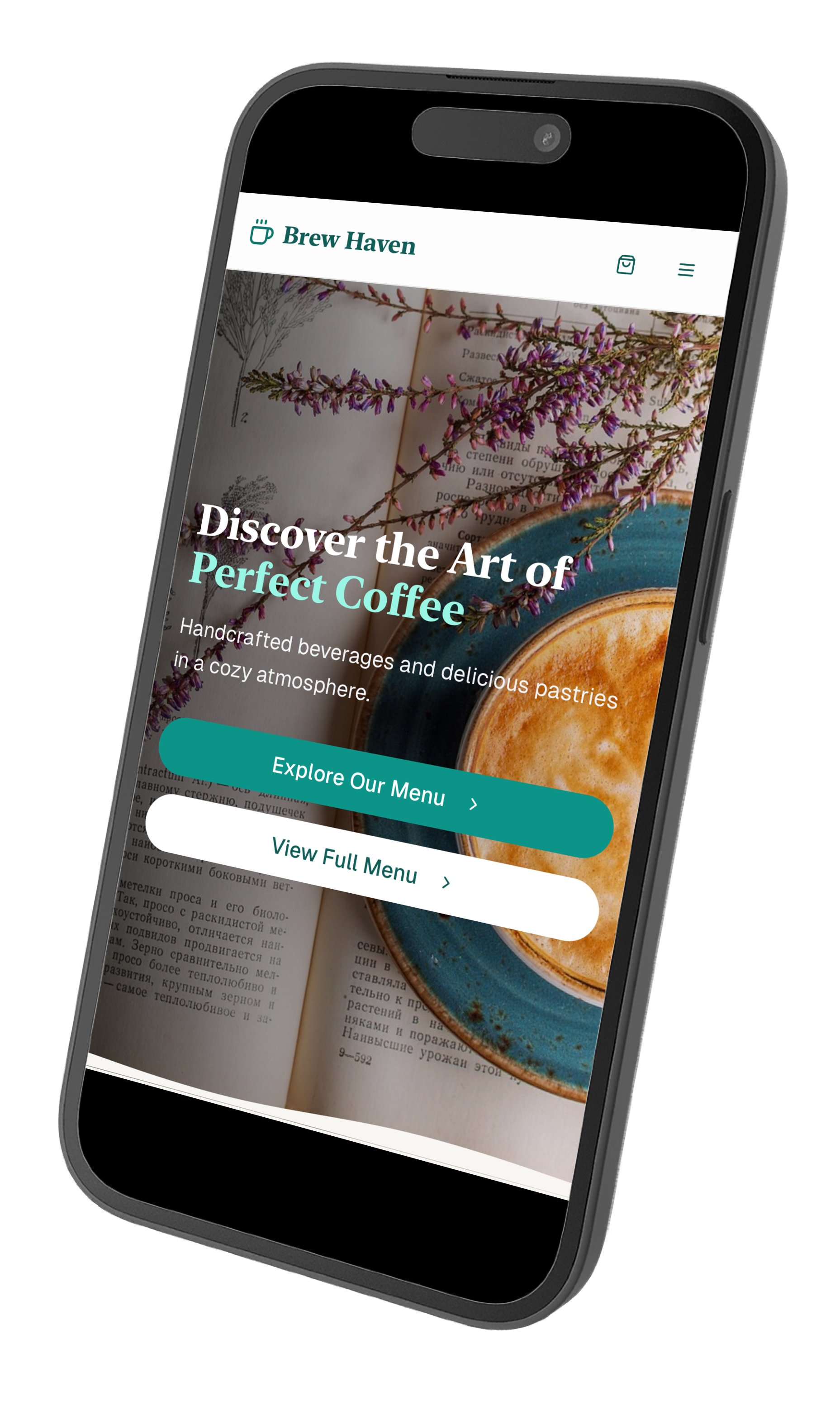 Brew Haven coffee shop website displayed on iPhone in 3D perspective showing mobile-first design