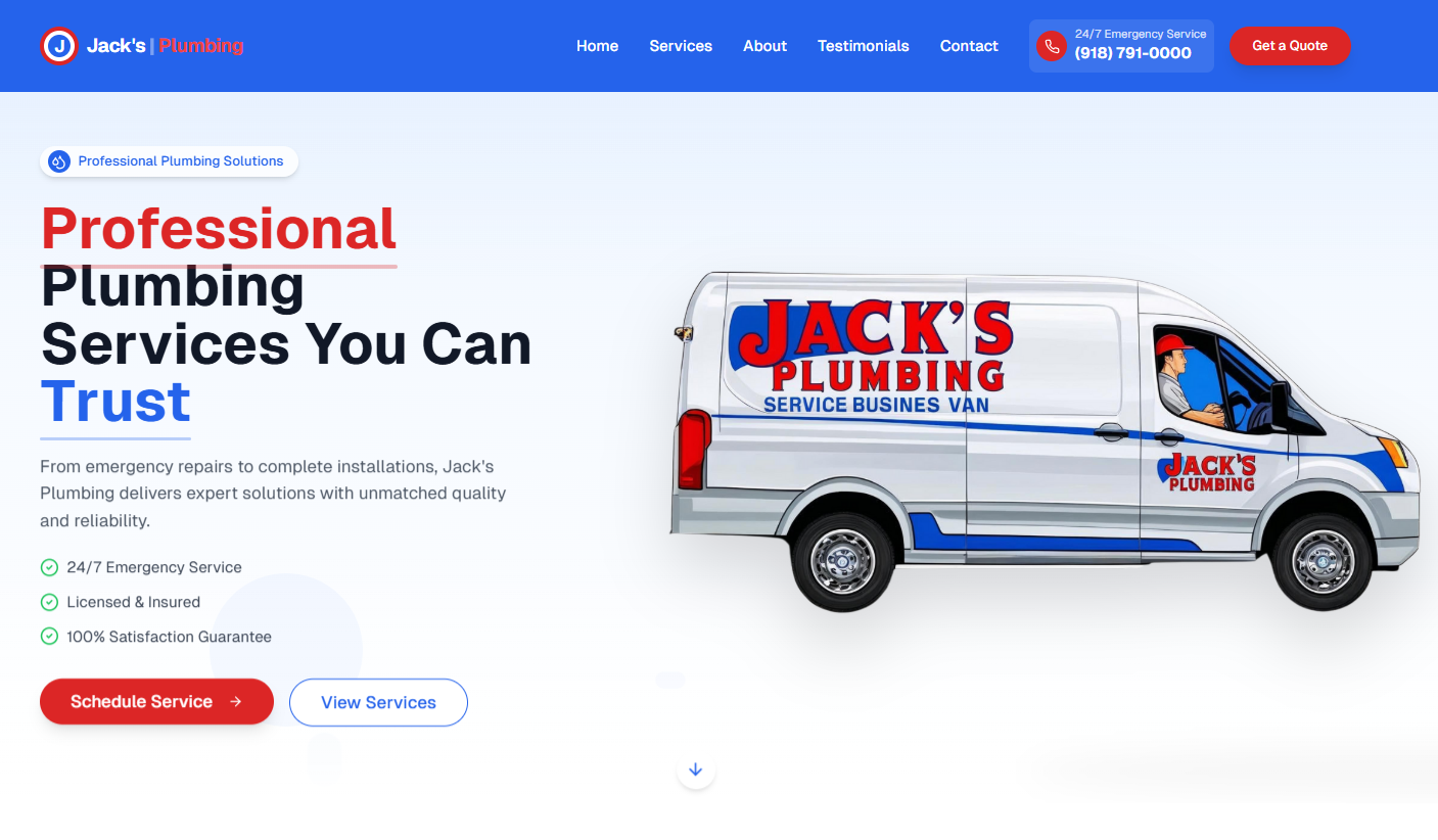 Professional plumbing website design example showing Jack's Plumbing homepage with live chat feature for small business plumbing services