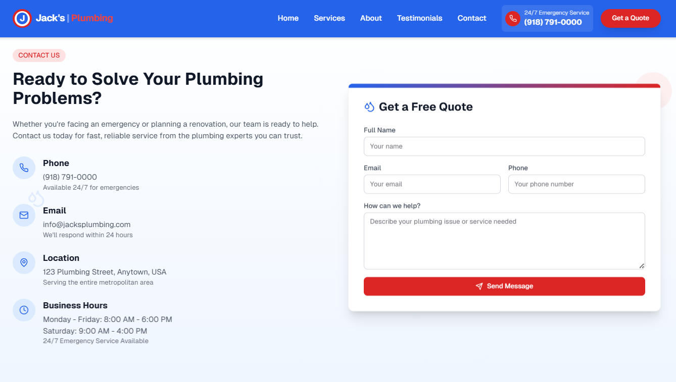 Conversion-optimized contact page design for plumbing business with prominent call-to-action and quote request form